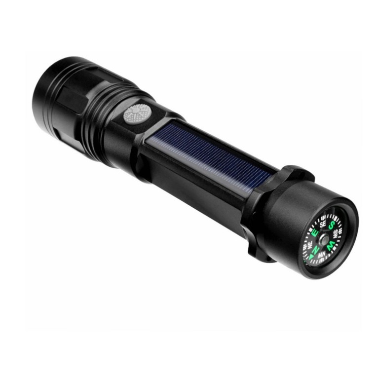 Multifunctional Solar Flashlight with zooming adjustable and compass